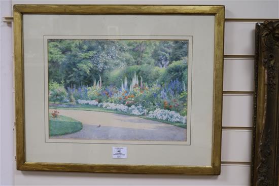 Alice Emily Donkin (1850 -), watercolour, Garden scene with flower border, signed and another watercolour